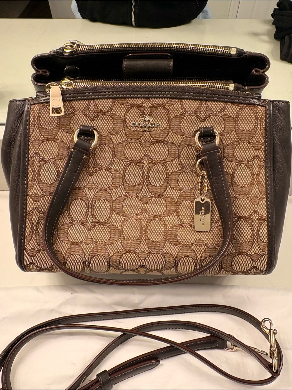 Coach Tan/Brown Signature Canvas Satchel with Dark Brown Leather Trim - Picture 2 of 4